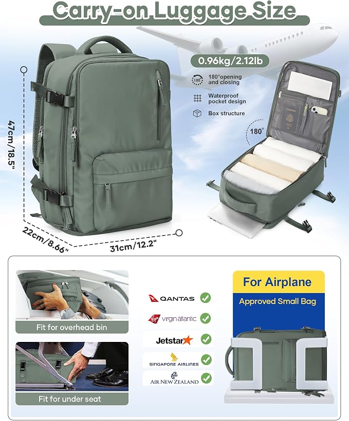 WONHOX Large Travel Backpack Women, Carry On Backpack,Hiking Backpack Waterproof Outdoor Sports Rucksack Casual Daypack with USB Charging Port Shoes Compartment, Dark Green