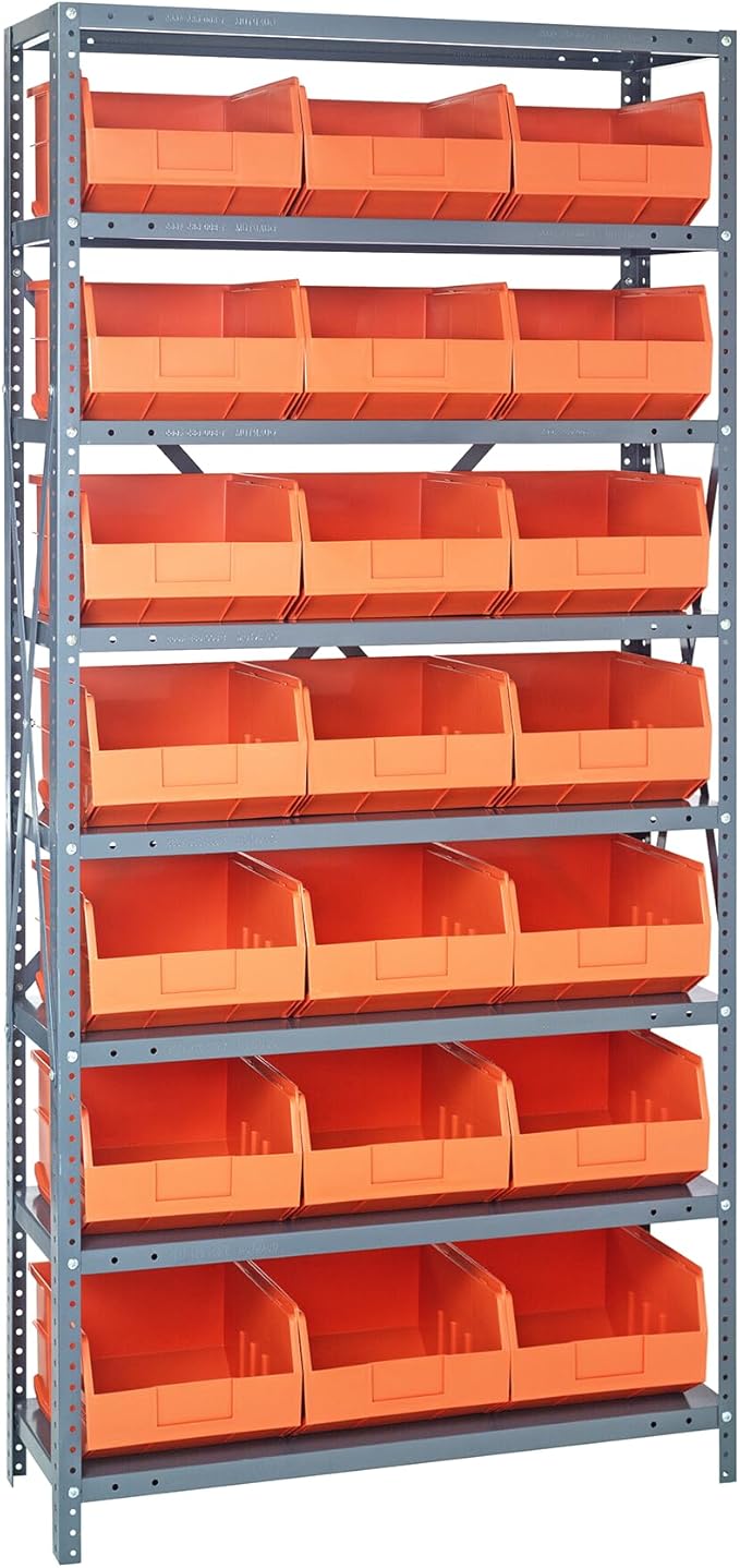 Quantum 1275-425OR Heavy Duty Shelving Unit with (8) Shelves and (21) SSB425 Orange Bins for Garage Warehouse Storage Distribution | 400 lb Load Capacity | 12"D x 36"L x 75"H, Galvanized Carbon Steel