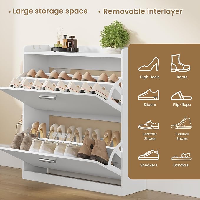 Shoe Cabinet Organizer with 2 Flip Drawers & 2-Tier Adjustable Shelves, Freestanding Shoe Storage Cabinet, 31.5" W x 8.7" D x 33.1" H Narrow Shoe Rack for Entryway, Foyer, Hallway, Black
