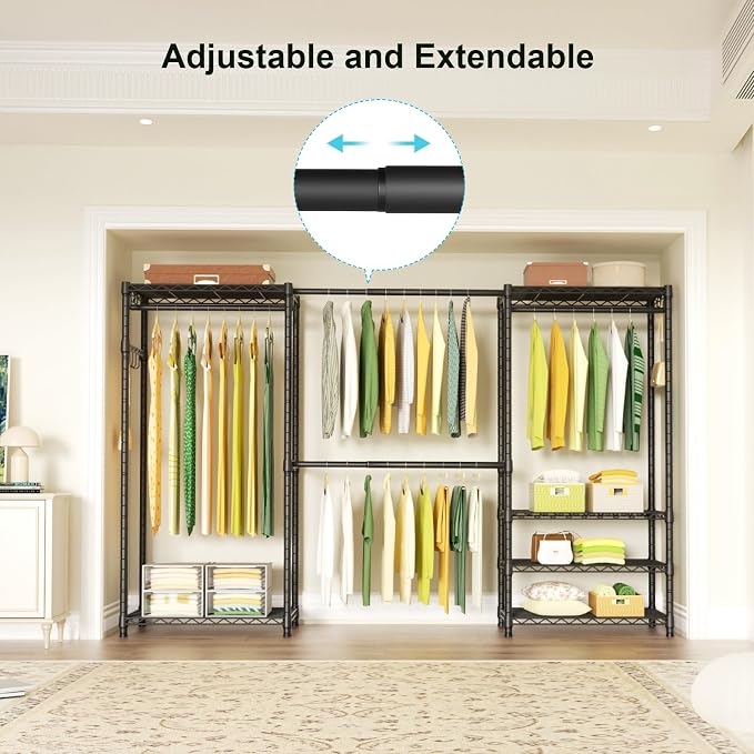 Ulif E1 Heavy Duty Closet Garment Rack, 6 Tiers Adjustable Metal Freestanding Expandable Clothing Storage with 4 Hanger Rods, Easy to Assemble Wardrobe Suit for 70 to 88.2" Space, 14"D x 71.4"H, Black