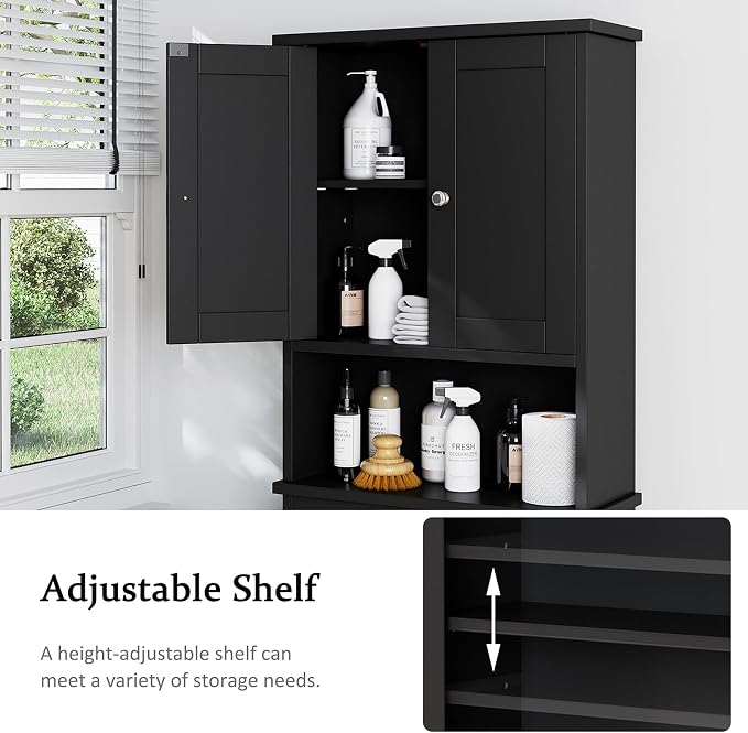 Over The Toilet Storage Cabinet for Bathroom, Black Bathroom Storage Over Toilet, Space Saver W/Adjustable Shelf and Open Shelf, Black