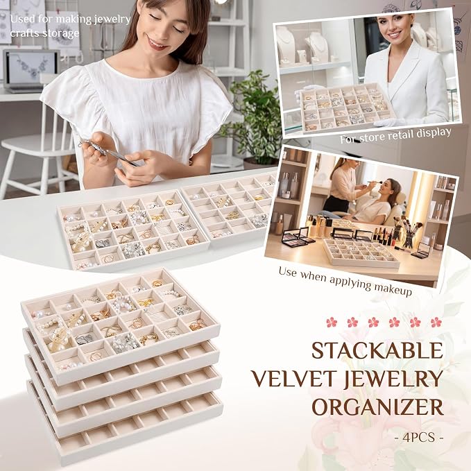 Unittype Set of 4 Stackable Jewelry Organizer Tray for Drawer Inserts Velvet Necklace Earring Bracelet Ring Holder Jewelry Display Storage Box for Bangle Stud Necklace Ring(24 Grid,Beige)