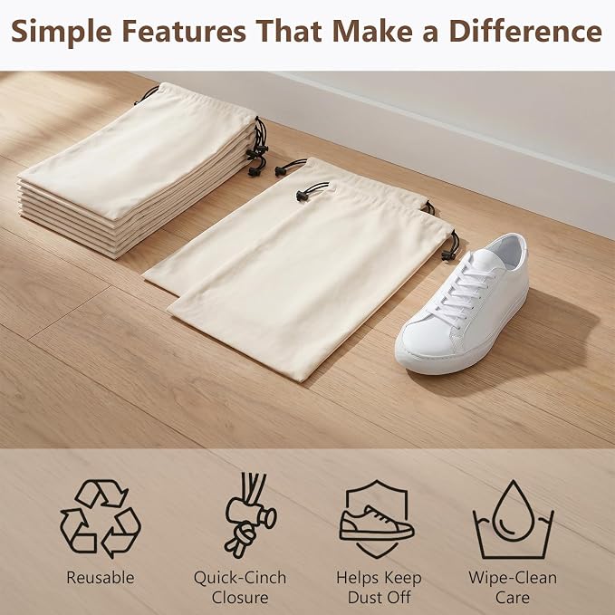 Merkfo 8-Pack Shoe Bags for Travel, One Shoe Per Bag, Fits Size 13 | Soft Drawstring Fabric Bags | 17.7 x 9.1 in | For Suitcase Packing, Gym Bags, and Closet Storage