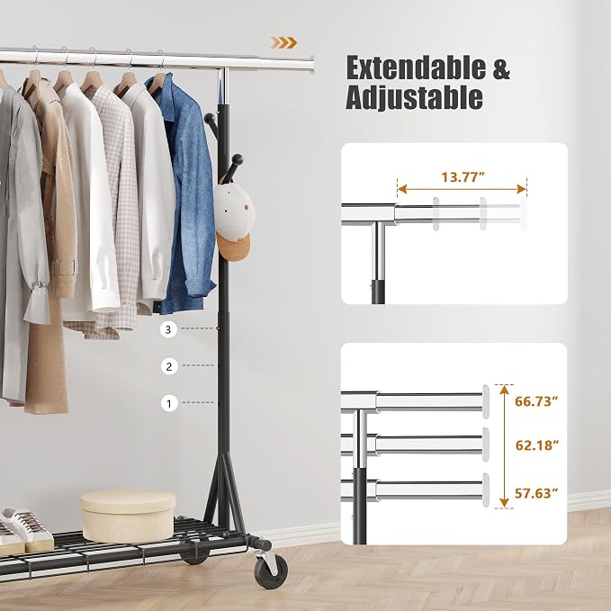 Gewudraw Clothes Rack Heavy Duty 530 LBS Capacity, Portable, Foldable,Black | Rolling Clothing Rack With 4" Wheels, Shelf, Hooks, Adjustable, Collapsible, Garment Rack for Wardrobe,Bedroom, Laundry Room