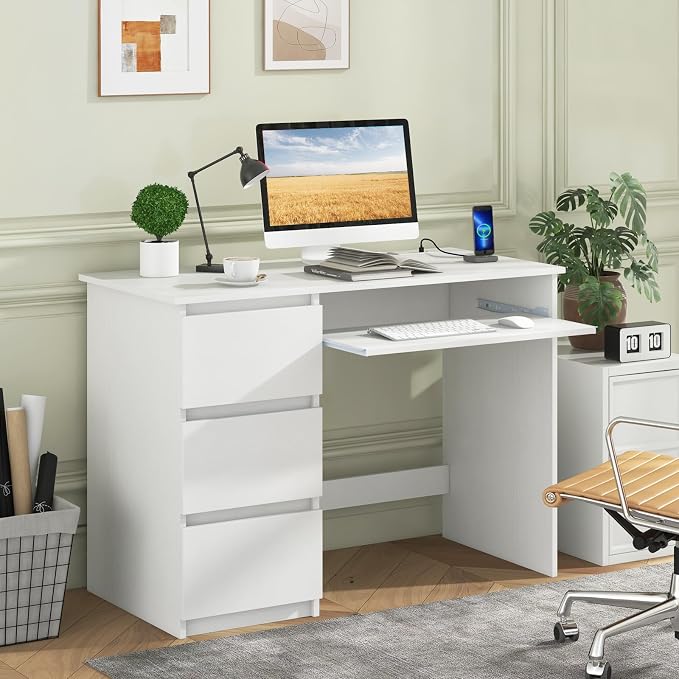 DREAMADE 42" Computer Desk with 3 Drawers and Keyboard Tray, White | Wood Study Desk with Storage, Built-in Charging Station & Slide Out Tray, Writing Table for Home Office Studyroom & Bedroom