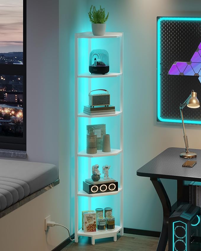 Hzuaneri Corner Shelf with LED Light 6 Tier Corner Bookshelf Standing Shelf | Tall Narrow Display Bookcase with Metal Frame for Small Space, Living Room, Home Office, Bedroom, White CS66613W