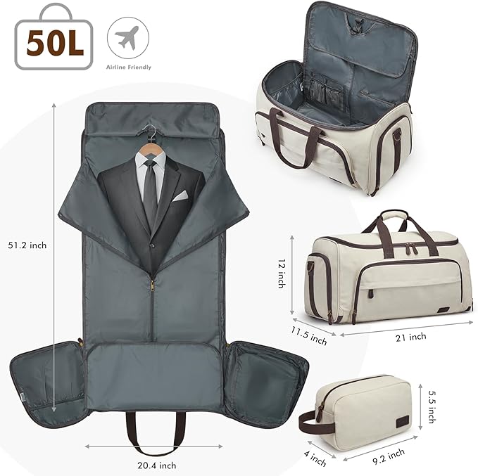 S-ZONE Garment Bag for Travel Convertible Duffle Bag Suit Bag for Men Women | 2-in-1 Hanging Suitcase, with Toiletry Bag, Wet/Dry Pockets, Shoe Compartment, Trolley Sleeve, Carry-on size, Beige