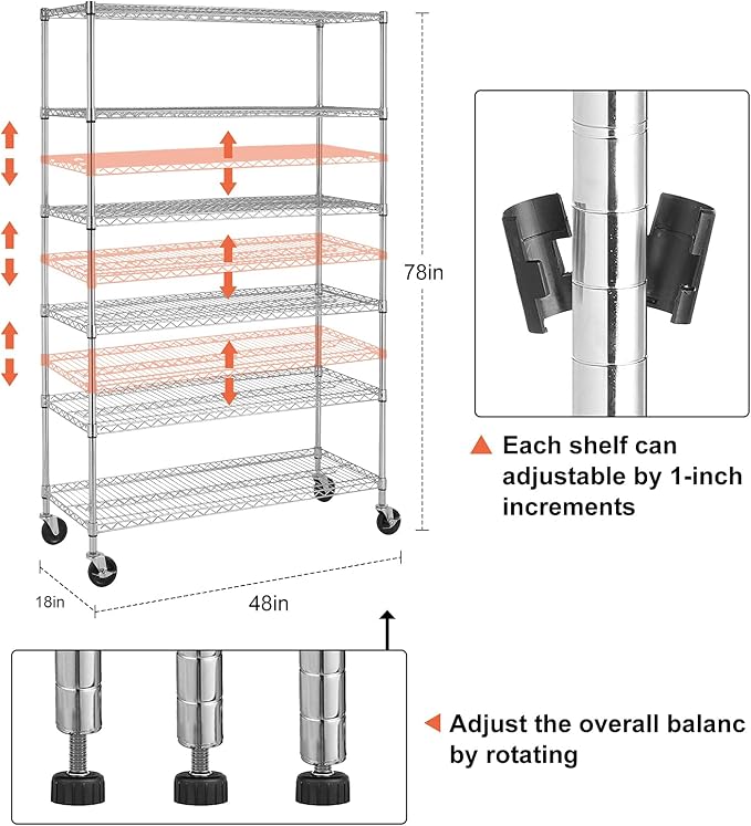 Meet perfect 6-Tier Wire Shelving Unit with Wheels, 72" H x 48" W x 18" D Heavy Duty Metal Shelf, 6000LBS Capacity Adjustable Utility Storage Rack for Garage Pantry Kitchen Warehouse