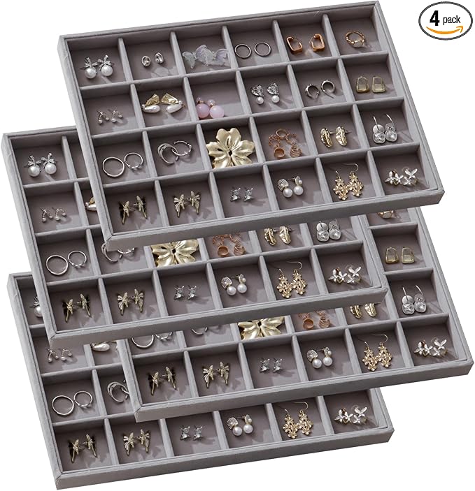 Large Stackable Jewelry Tray 4 Pack Velvet Jewelry Display Drawer Inserts Trays Organizer for Earring Bracelet Necklace Ring (Gray, 24 Grids)