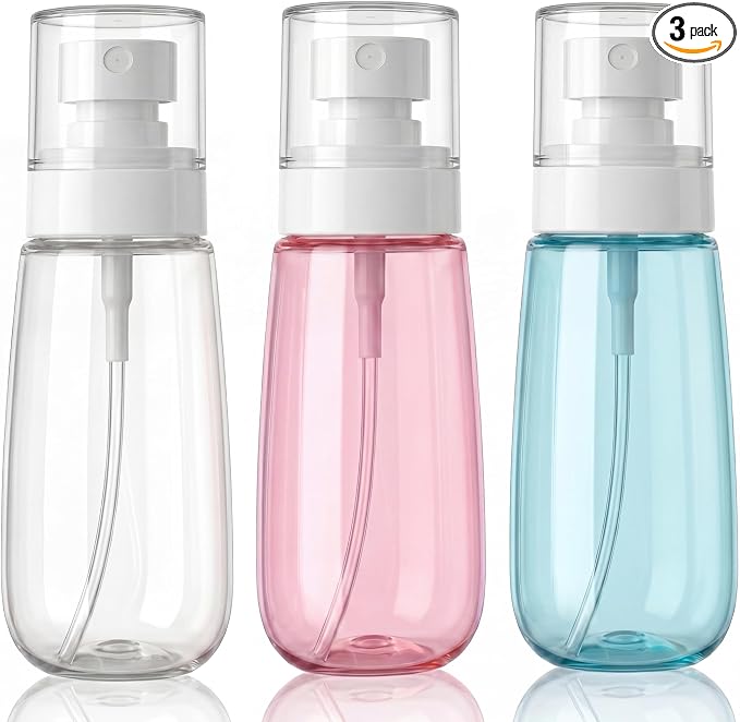 3Pack Small Spray Bottles, 3.4oz Refillable Plastic Travel Bottles, Empty Portable Fine Mist Spray Containers for Perfume, Cosmetic, Skincare, Toiletry Daily Use(Clear+Green+Pink)