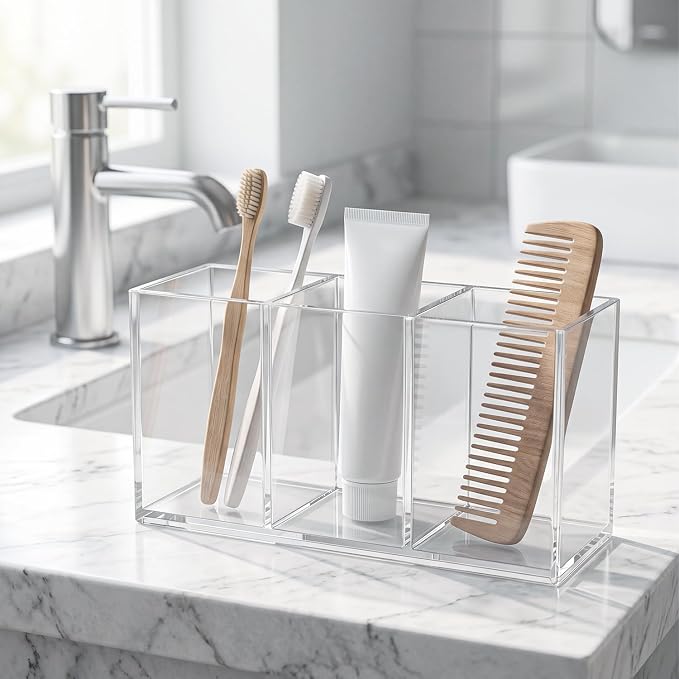 Clear Acrylic Pencil Holder, 3 Compartment Cup Pen Holder for Desk | Desk Organizer for Office School, Makeup Brush Holder for Girls