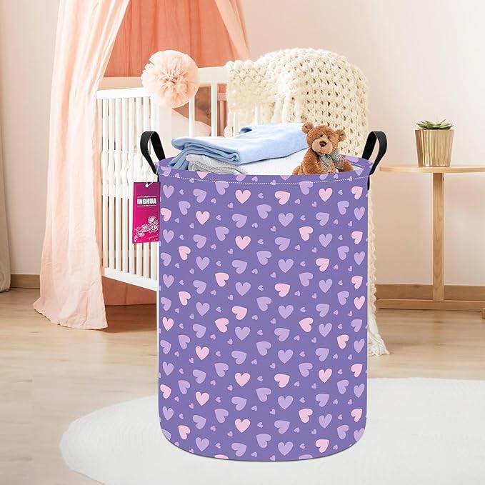 Laundry Hamper Large Canvas Fabric Lightweight Storage Basket/Toy Organizer/Dirty Clothes Collapsible Waterproof for College Dorms, Boys and Girls Bedroom,Bathroom(Purple hearts)
