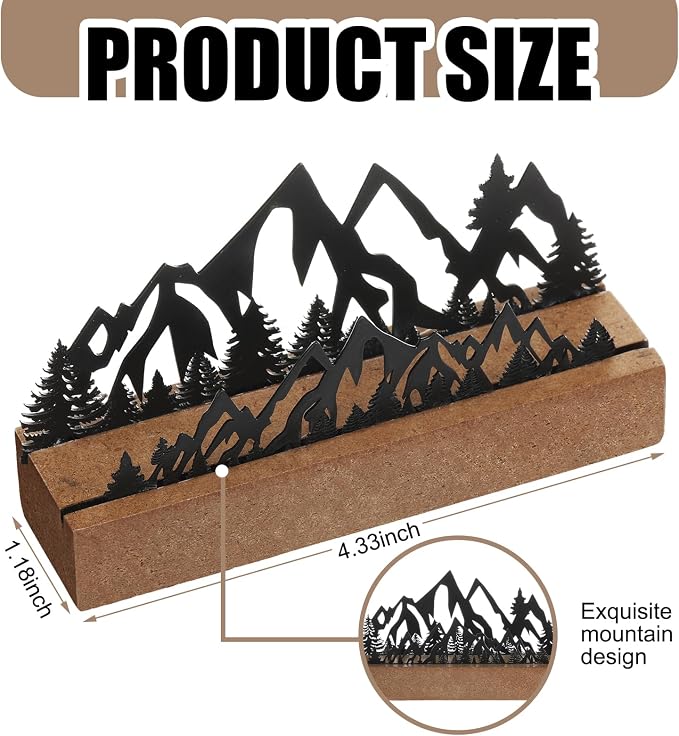 CroBlissful 2 Pcs Mountain Business Card Holders for Desk, Wood&Metal Black Mountain Range Forest Silhouette Business Card Display Stand for Home Office