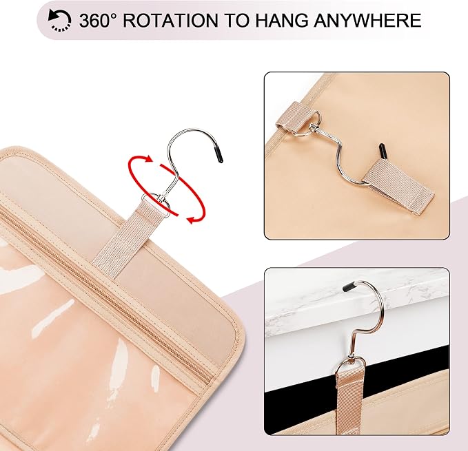 COOSKY Travel Hanging Toiletry Bag for Women, Large Makeup Bag 8 Leak Proofing Silicone Bottle Covers, Waterproof Cosmetic Bag with Jewelry Organizer Compartment, Toiletries Kit Set, Pink