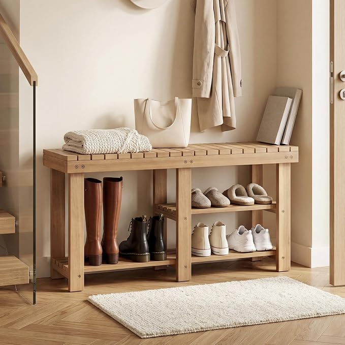 GOFLAME Wooden Shoe Rack Bench, 3-Tier Free Standing Entryway Bench Seat with Slatted Shelves, Shoe Storage Organizer for Entryway, Hallway, Bedroom, Living Room, Small Space, 34"x11"x18"