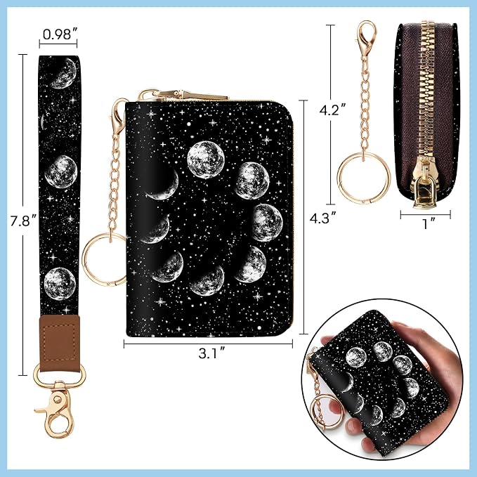Blusabaca Women Credit Card Holder, Small RFID Wallet with Wristlet Strap | Moon, Removable Keychain, Case Zipper, PU Leather, Cash Coin Pocket, Business Purse with Key Lanyard, Ladies Female Gift