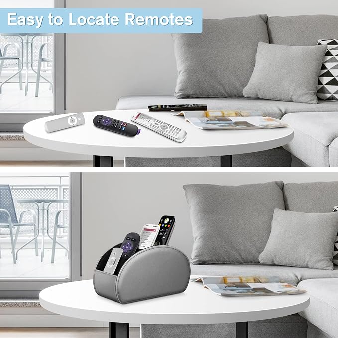 FINTIE Remote Control Holder, 5 Compartments Vegan Leather TV Remoter Caddy Desktop Organizer Makeup Brush Holder Storage Fits TV Remotes, Media Controllers, Office Supplies(Silver Gray)