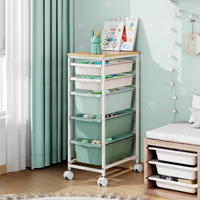 Slim Rolling Storage Cart with 5 Drawers, Craft Organizer, Wooden Tabletop Utility Cart for Bedroom, Children's Room and Office Organization, Table Side Trolley with Lockable Wheels, Green