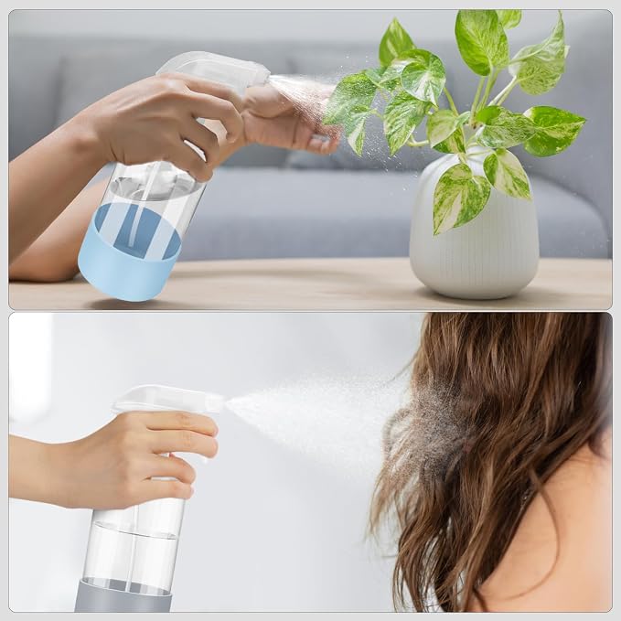Worldgsb 2 Pack Glass Spray Bottles with Silicone Sleeve, 16 oz Empty Refillable Containers with Adjustable Spray Nozzles, Spray Bottles for Hair, Cleaning Solutions and Plants Blue&Grey