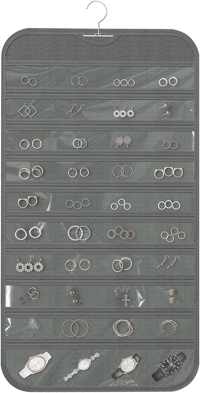 Hanging Jewelry Organizer, Gray, 80 Pocket | Double-Sided, For Earrings Necklace Bracelet, Clear PVC Window, For Closet, Door, Wall, Travel