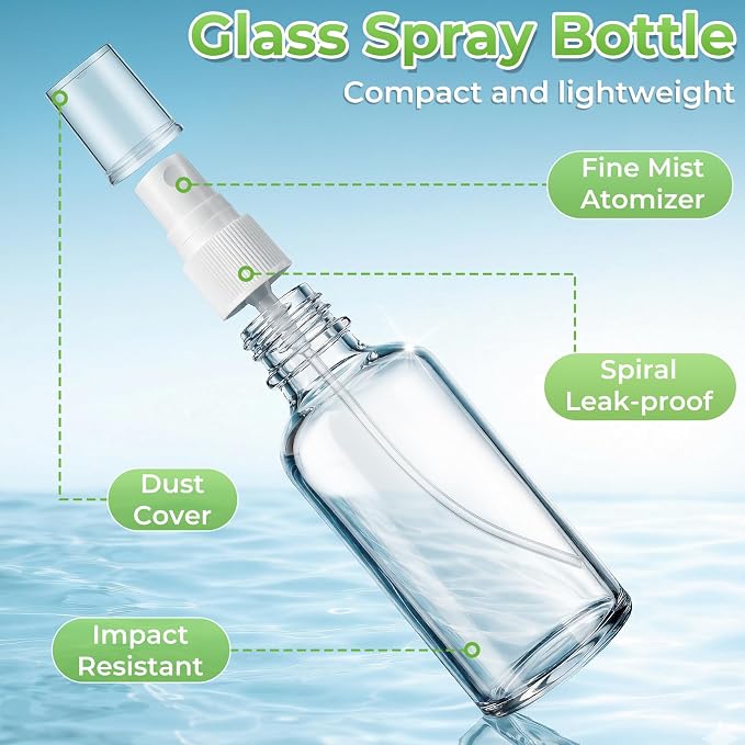 JTIEO 24 Pack 2oz(50ml) Small Glass Spray Bottle, Mini Travel Size, Clear Fine Mist Refillable Bottle for Essential Oils, Perfume & Hair, with Funnel, Pipette, 24 Spray Heads and 48 Waterproof Labels.