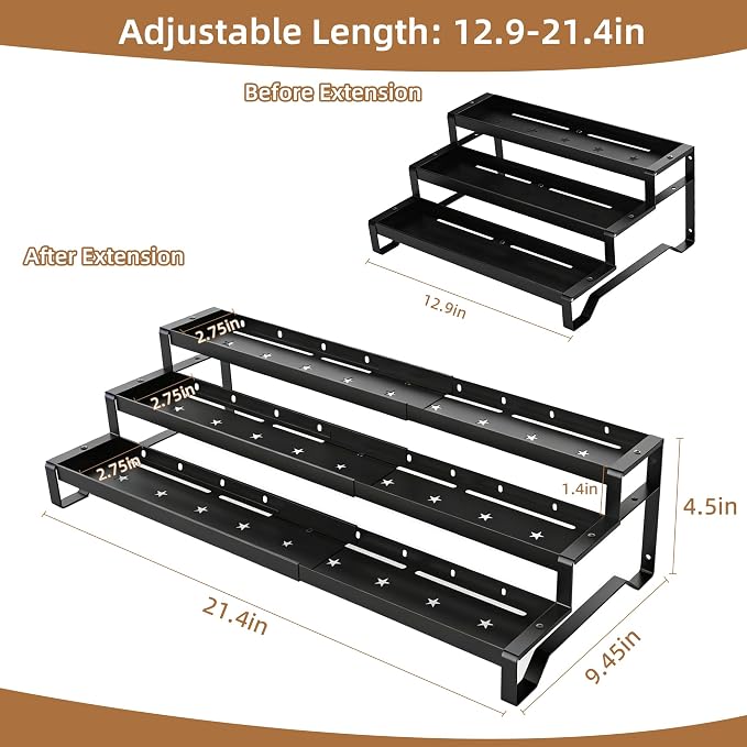 SANKEU Expandable Spice Rack Organizer for Cabinet 3 Tiered Metal Seasoning Organization with Guardrails Spice Shelf Storage for Jars Adjustable Length 13"-21" Black 2Pack