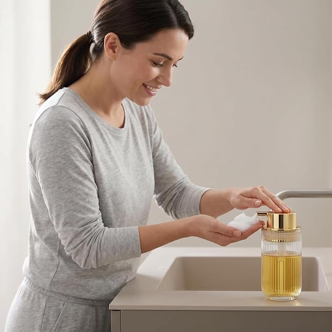 Glass Foaming Soap Dispenser Refillable Foaming Hand Soap Dispenser with Gold Large Pump Wide Opening for Bathroom Kitchen Countertop Modern Home Decor with Elegant Pattern - Clear,415ml