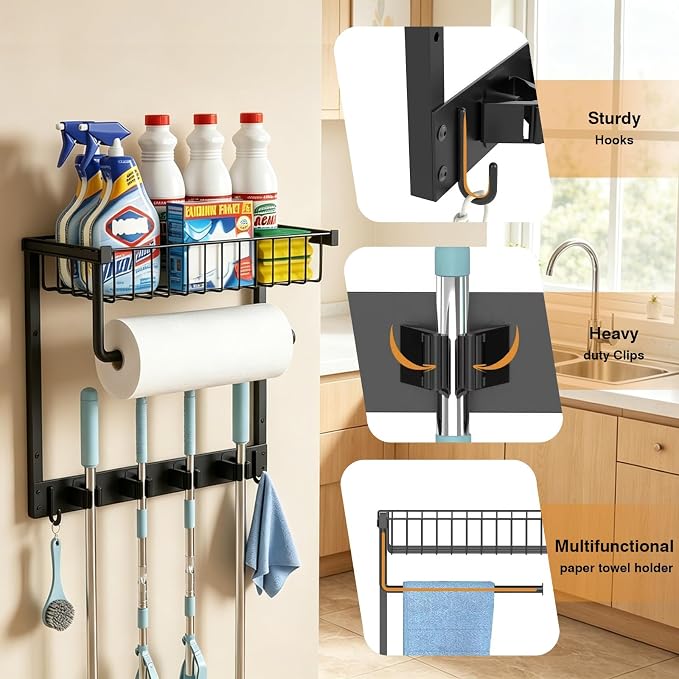 Broom Holder Wall Mount, Broom and Mop Organizer Wall Hanging with Paper Towel Holder & Removable Anti-fall Basket, Wall Mount Cleaning Supplies Organizer for Laundry Room, Apartment, Utility Room