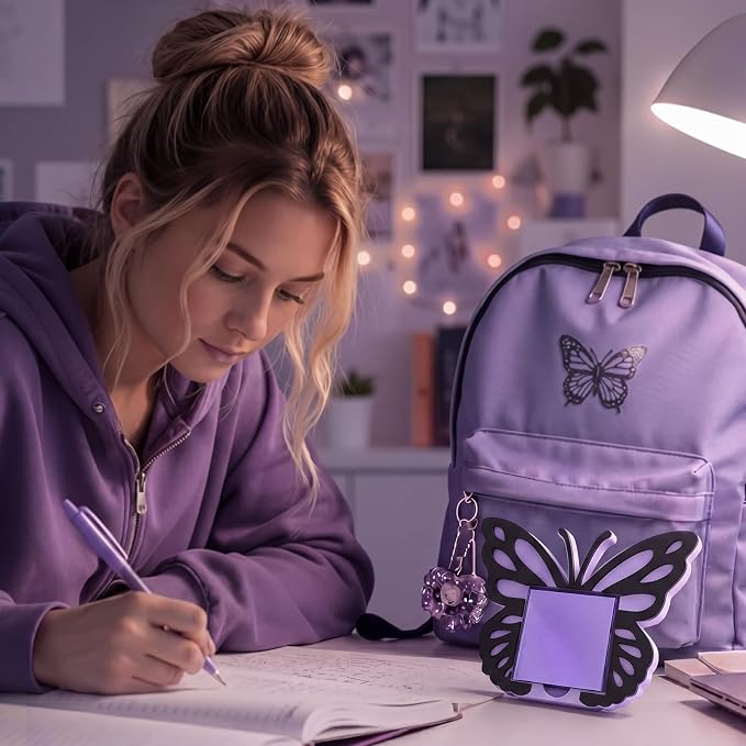 Purple Butterfly Sticky Note Holder Large Wood Notepad Dispenser 3 x 3 Sticky Notes Organizer Cute Self Stick Memo Pad Holder for Desk Office Back to School Gift, No Pads Included