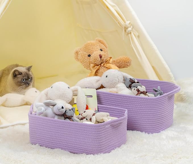 CubesLand Cute and Durable Small Cotton Rope Basket for Organizing | Woven Closet Storage Bin,Shelves Closet Storage Basket, Bathroom Storage Organizer Bin, Nursery Toy Basket Bin, Purple Basket