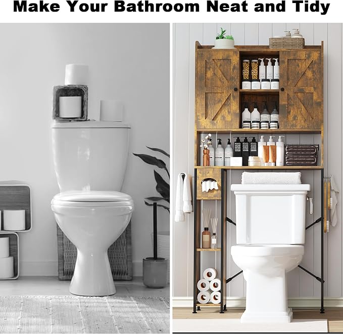 EasyCom Over The Toilet Storage Cabinet with Metal Frame and 7 Storage Shelves, Bathroom Organizer with Adjustable Shelves and Paper Holder, Farmhouse Storage Cabinet for Bathroom,Laundry,Rustic Brown