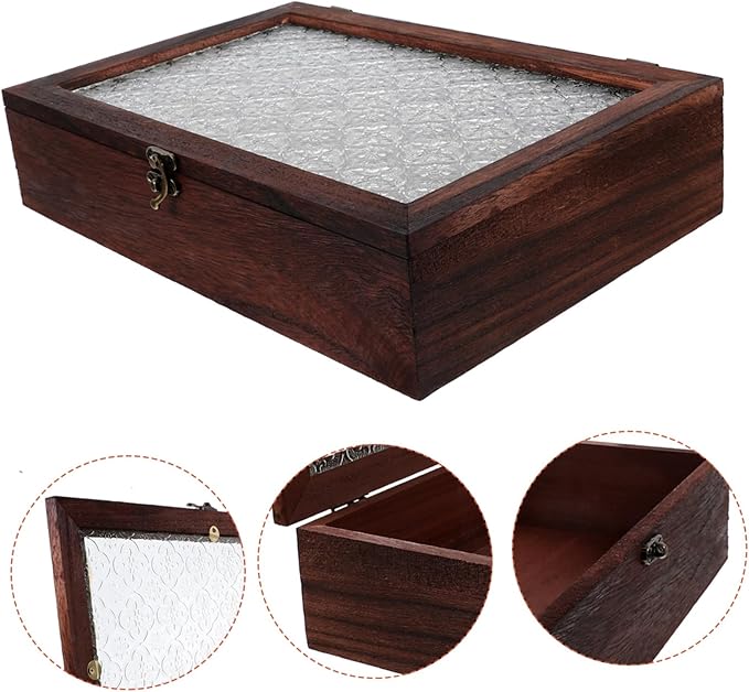 GLEAVI Vintage Wooden Storage Box with Glass Lid Elegant Organizer for Jewelry and Desktop Sundries Large Minimalist Design for Home Decor and Office Use