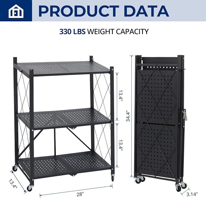 3 Tier Foldable Storage Shelves with Wheels, Metal Collapsible Organization Storage Rack, No Assembly Folding Bookshelf, Rolling Storage Rack for Kitchen, Bedroom, Pantry, Garage, Display, Black