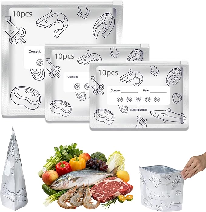 Reusable Aluminum Foil Sealable Storage Bags, 2026 New Resealable Stand Up Zipper Pouches with Label for Food Storage, Freezer Safe Leak Proof Foil Bags for Meat, Fruit, Vegetables (10S+10M+10L)