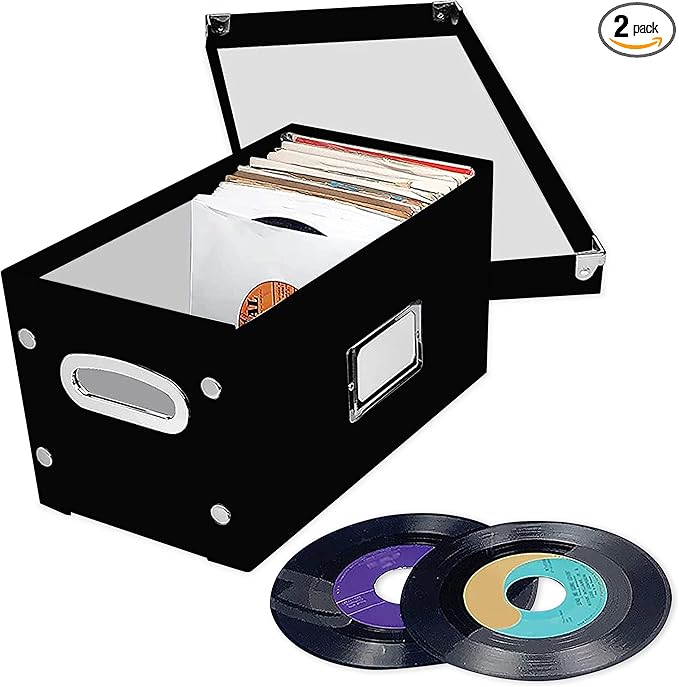 Snap-N-Store Vinyl Record Storage Box - 7"/45 RPM - 2 Pack- Crate Holds up to 75 Vinyl Albums - Black