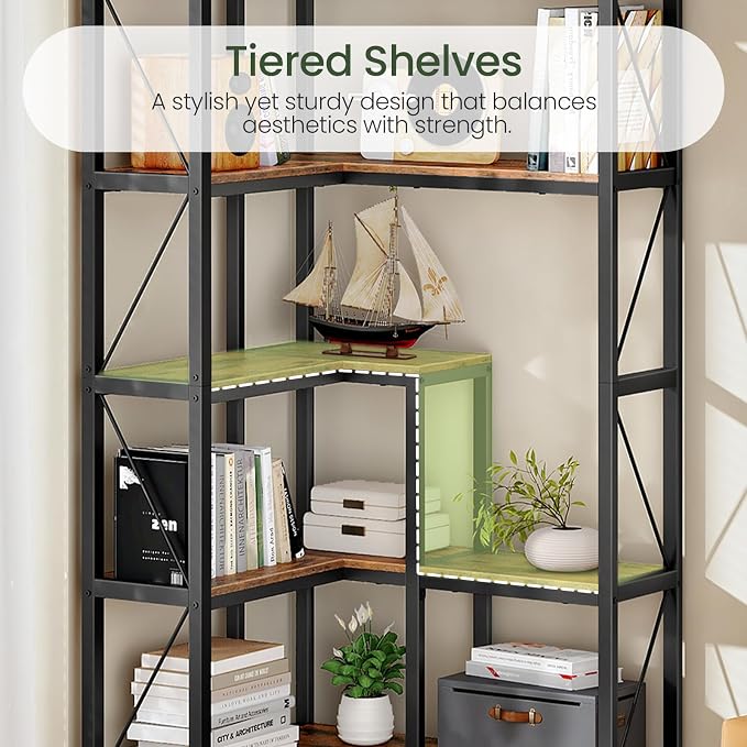CHOEZON Corner Bookshelf, 5-Tier L-Shaped Bookcase, Corner Shelf with Metal Frame, Industrial Tall Display Shelf, for Living Room, Home Office, Bedroom, Rustic Brown TSJ12BF