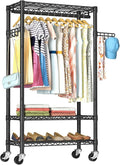 Golpart Heavy Duty Rolling Clothes Rack Wheels Portable Metal Garment Rack | Wardrobe Adjustable Wire Shelving Metal Double Clothing Racks for Hanging Clothes Organizer Closet Laundry Room Organization
