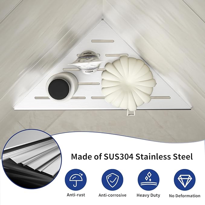 Corner Shower Shelf 10", Brushed 304 Stainless Steel Slot Design Recessed Corner Shelves Bathroom Grout in Shelf for Tiled Wall, 2 Pack