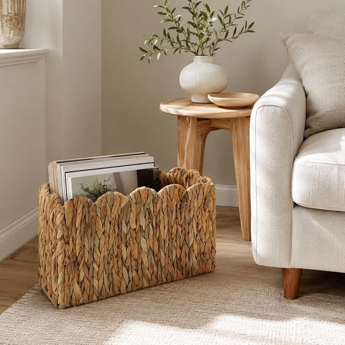 Water Hyacinth Magazine Holder, Tall Narrow Scalloped Basket | Wicker Book Basket Natural Water Hyacinth Scalloped Edge Magazine Basket Desk, Office, Entryway Storage 15"L x 6"W x 11"H