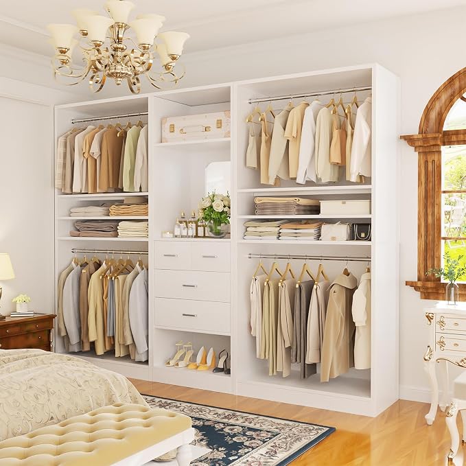 Unikito 98” Closet System with Mirror & 4 Drawers, 8.2FT Heavy Duty Wood Closet Organizer with 4 Hanging Rods, Large Walk-in Wardrobe Garment Rack with Adjustable Shelves, White