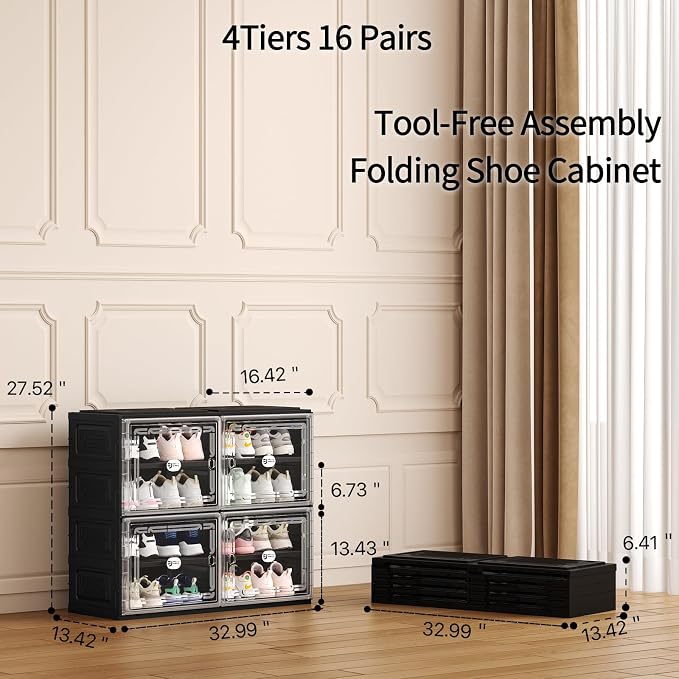 16 Pairs Foldable Shoe Rack Storage Cabinet with Heavy-Duty Design (Vertical 300 lbs), Tool-Free 4-Step Quick Installation, Wide-Slot Shoe Cabinet for Entryway/Living Room/Garage