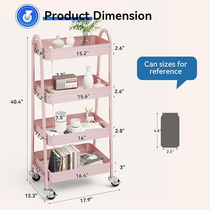 NEWBULIG 4-Tier Metal Rolling Storage Cart, Heavy Duty Mobile Utility Organizer Shelf with Lockable Wheels, Multifunctional Trolley for Daily Supplies, Home Indoor Daily Use, Pink