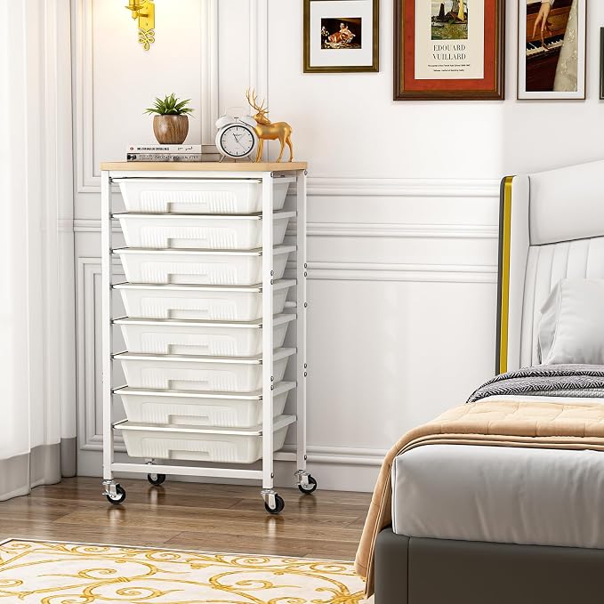 caktraie Rolling Cart with 8 Storage Drawers, Craft Organizers Cart with Wooden Tabletop, Mobile Utility Drawer Cart with Lockable Wheels, for Classroom, Office, Living Room & Bedroom, Beige White