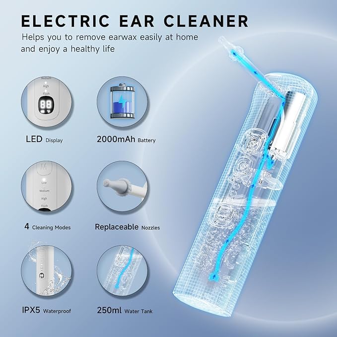 Ear Wax Removal Tool with Water Temperature Indicator Ear Cleaning Kit, 3 Jet Stream Flushing System Ear Irrigation Kit, 4 Pressure Modes Safe & Effective Ear Cleaner with Basin & 6 Tips