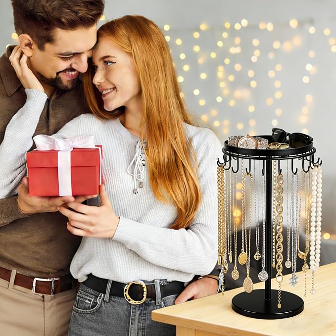Necklace Holder Metal Jewelry Organizer Stand, Necklace Organizer Hanger with Tray & Hooks for Desk, Jewelry Holder for Necklaces Bracelets and Keychains, Elegant Home Hanging Decor - Black