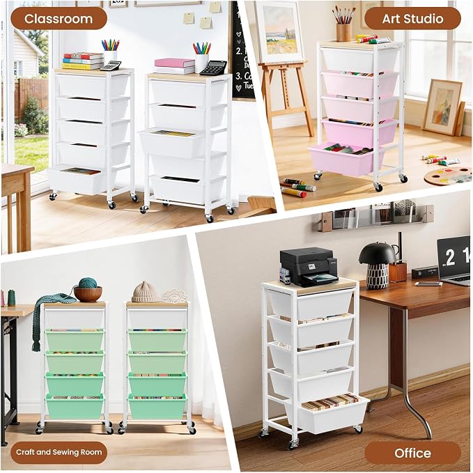 Rolling Cart with 5 Drawers, Plastic Drawer Storage Carts with Wheels & Wooden Tabletop, Metal Utility Cart for Office Bedroom Living Room Classroom, Craft Organization and Storage, Pink