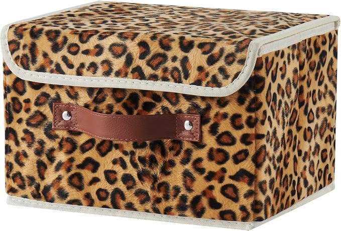 Storage Bin with Lid Decorative Cute Leopard Print Box Basket | Velvet Fabric, Faux Leather Handles, Washable PP Board, Foldable Lidded Clothes Container, Shelf Closet Organizer, Small Size