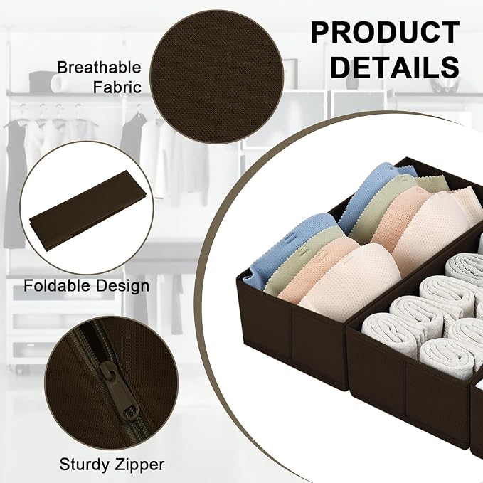 DIMJ Drawer Organizer Clothes, Underwear Drawer Organizer, Set of 4 Foldable Closet Drawer Bins, Fabric Drawer Dividers for Baby Clothes, Socks, Belt, Tie (Brown)