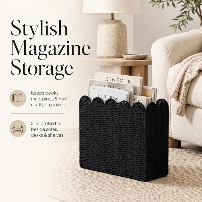 Black Paper Rope Magazine Holder, Tall Narrow Scalloped Basket | Handwoven Black Paper Rope Basket for Magazine Storage, Book Basket, Mail Organizer, File Holder 15"L x 6"W x 11"H