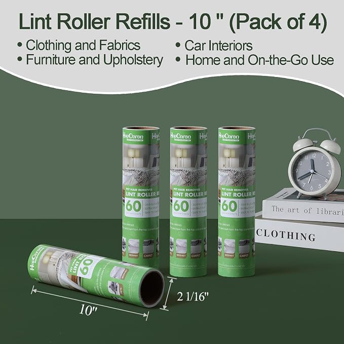 Lint Roller Refills 10", 240 Sheets, 4-Pack Value, Extra Sticky | Compatible with Evercare Mega & Leo 10" rollers. Easy tear-off sheets. Strong adhesive picks pet hair, lint, dust.